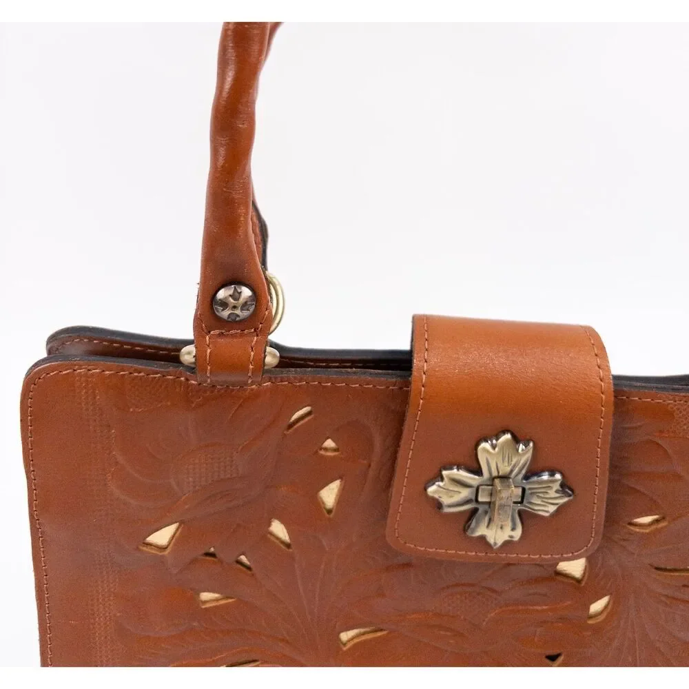 Patricia Nash Embossed Leather Satchel in Cognac Brown with Gold Accents
